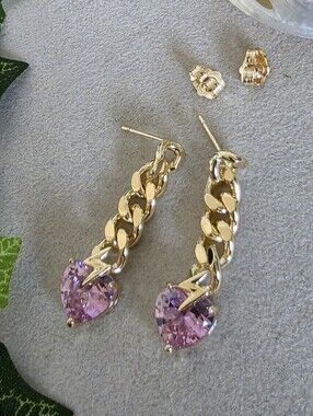 Gold Filled Chain Link Drop Earrings with Pink Heart & Lightning Detail
